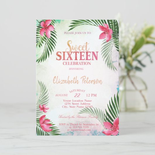 Tropische bloemen Palm Leaves Summer Sweet 16 Part Kaart (Staand voorkant)