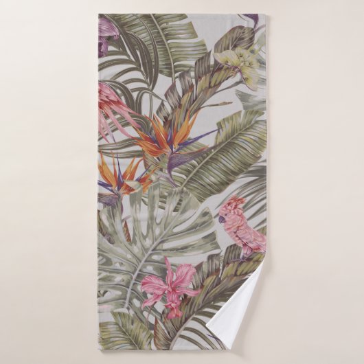 Tropische bloemen, palmbladeren, paradijsvogel badhanddoek (Badhanddoek)