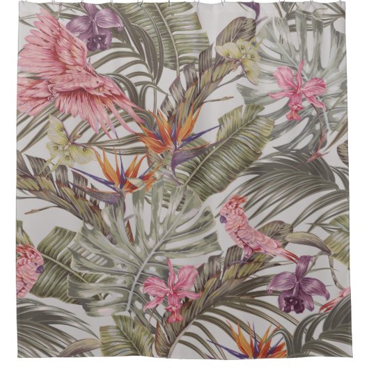 Tropische bloemen, palmbladeren, paradijsvogel douchegordijn (Voorkant)