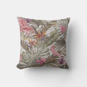 Tropische bloemen, palmbladeren, paradijsvogel kussen