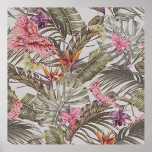 Tropische bloemen, palmbladeren, paradijsvogel poster
