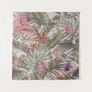 Tropische bloemen, palmbladeren, paradijsvogel wandkleed