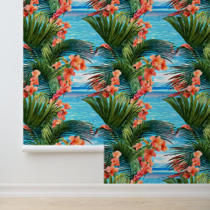 Tropische bloemen palmeiland blauw zee behang
