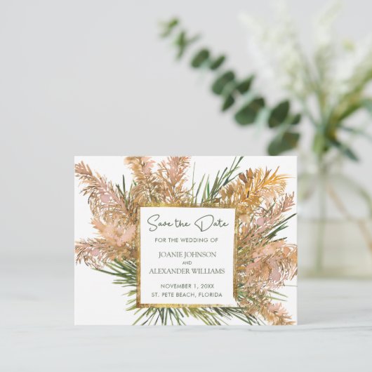 Tropische Bloemen Pampas Grass Bruiloft Save the D Aankondigingskaart (Staand voorkant)