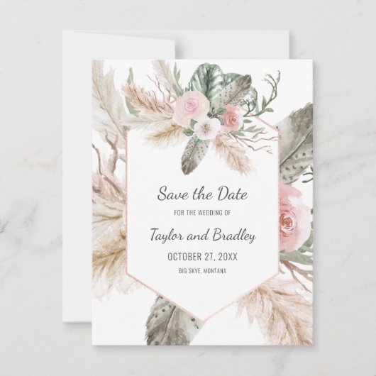 Tropische Bloemen Pampasgras, Veren, Landelijk | I Save The Date (Voorkant)