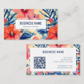Tropische Bloemen Patroon Hibiscus Bloemen QR Code Visitekaartje (Voorkant / Achterkant)