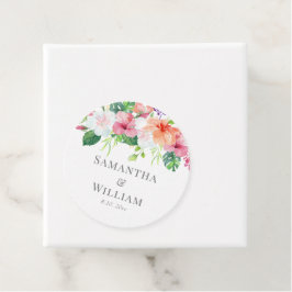 Tropische Bloemen Perzik Groene Waterverf Bruiloft Bedankjes Labels