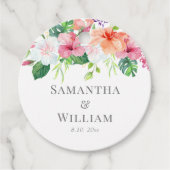 Tropische Bloemen Perzik Groene Waterverf Bruiloft Bedankjes Labels (Voorkant)