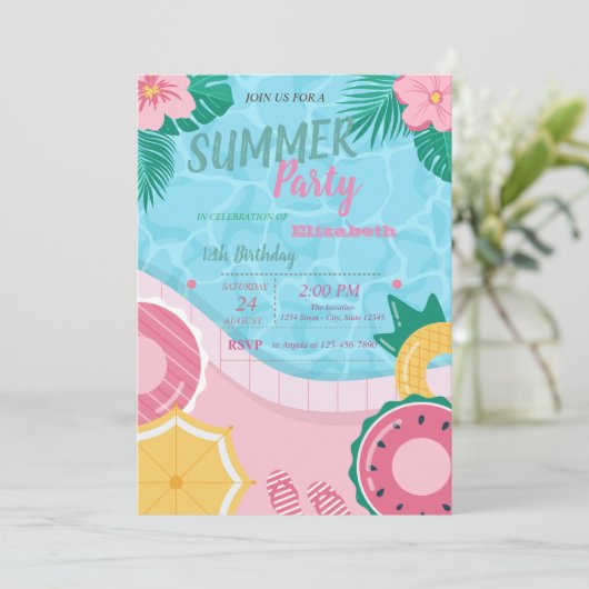 Tropische Bloemen Pool Verjaardagsfeest Kaart (Staand voorkant)