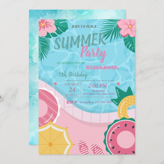 Tropische Bloemen Pool Verjaardagsfeest Kaart (Voorkant / Achterkant)