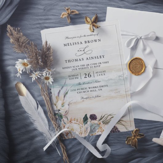tropische bloemen protea strand qr code bruiloft kaart