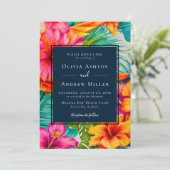 Tropische Bloemen QR Code Bestemming Strand Weddin Kaart (Staand voorkant)