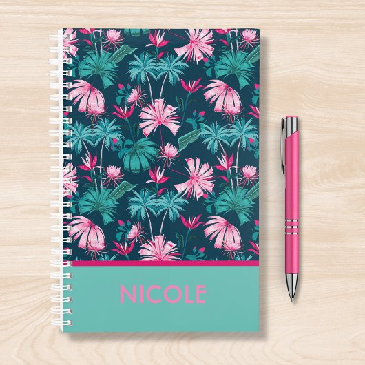 Tropische Bloemen Roze Blauwgroen Gepersonaliseerd Planner