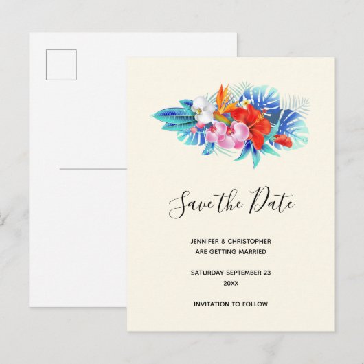 Tropische bloemen - Roze en Aqua sparen de Datum Uitnodiging Briefkaart (Voorkant / Achterkant)