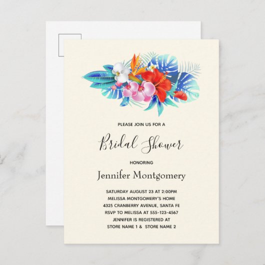 Tropische bloemen - Roze en Aqua Vrijgezellenfeest Uitnodiging Briefkaart (Voorkant / Achterkant)