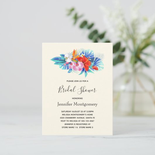 Tropische bloemen - Roze en Aqua Vrijgezellenfeest Uitnodiging Briefkaart (Staand voorkant)