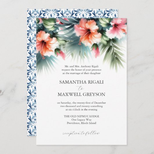 Tropische Bloemen Roze en Sinaasappel Formele Brui Kaart (Voorkant / Achterkant)