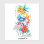 Tropische bloemen, roze flamingo - gepersonaliseer sticker (Vel)