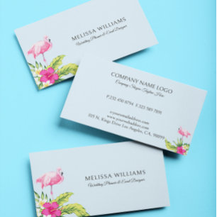 Tropische Bloemen & Roze Flamingo Op Blauwe Zakeli Visitekaartje