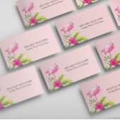 Tropische bloemen & roze flamingo op roze visitekaartje