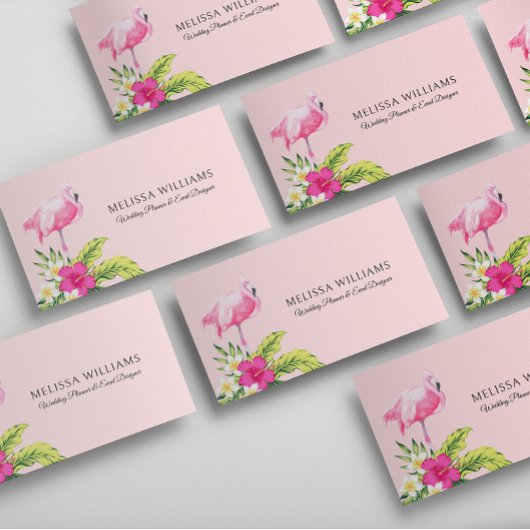 Tropische bloemen & roze flamingo op roze visitekaartje