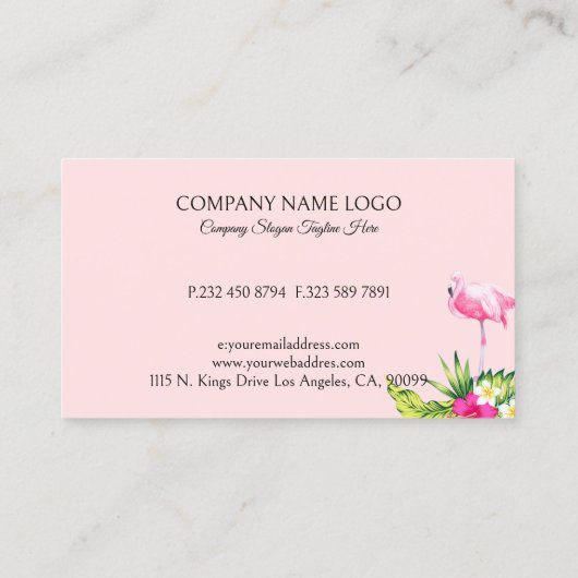 Tropische bloemen & roze flamingo op roze visitekaartje (Achterkant)