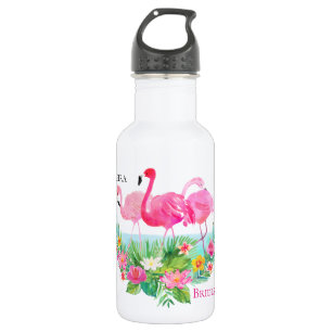Tropische bloemen roze flamingo's gepersonaliseerd waterfles