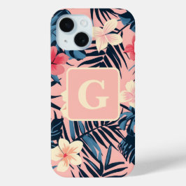 Tropische bloemen roze gepersonaliseerd Monogram iPhone 15 Case