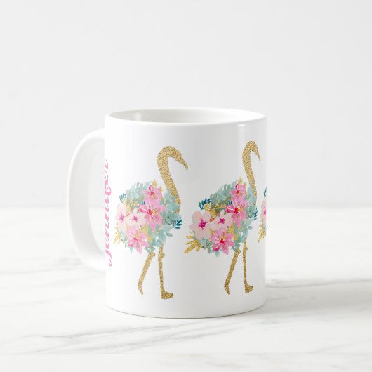 Tropische Bloemen Roze Groene en Gouden Flamingo's Koffiemok (Voorkant links)