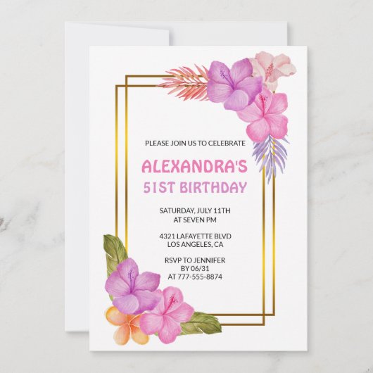 Tropische Bloemen Roze Luxe 51e verjaardag Kaart (Voorkant)