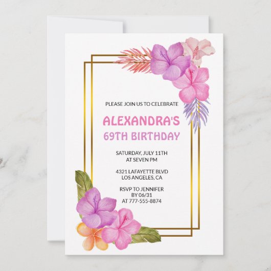 Tropische Bloemen Roze Luxe 69e verjaardag Invitat Kaart (Voorkant)