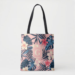 Tropische bloemen roze Monogram Tote Bag