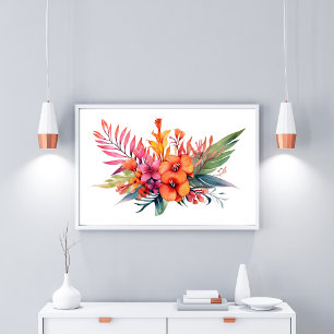 Tropische bloemen roze perzik geel oranje  poster