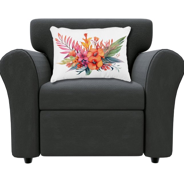 Tropische Bloemen Roze Perzik Geel Sinaasappel Accent Kussen (Pink Peach Orange Yellow Tropical Floral Flowers with Greenery Throw pillow accent pillow. )