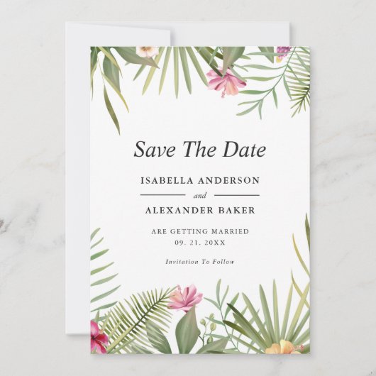 Tropische bloemen save the date (Voorkant)