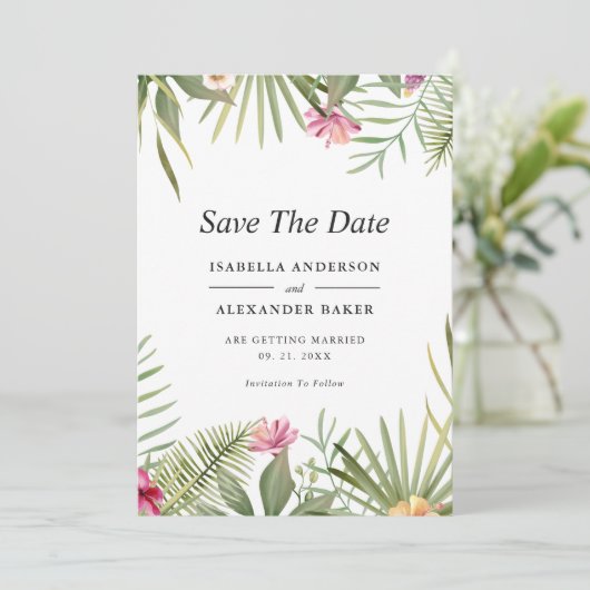 Tropische bloemen save the date (Staand voorkant)