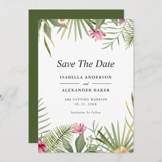 Tropische bloemen save the date (Voorkant / Achterkant)