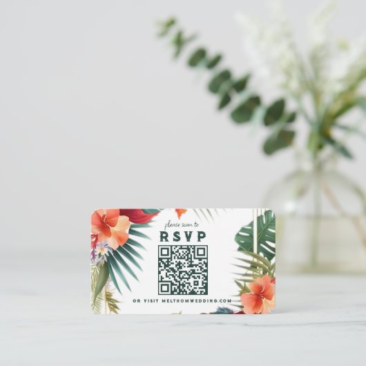 Tropische bloemen scannen naar RSVP bruiloft behui Informatiekaartje (Staand voorkant)
