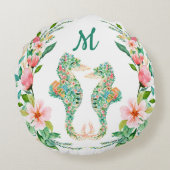 Tropische Bloemen Seahorse Paar Monogram Rond Kussen (Achterkant)