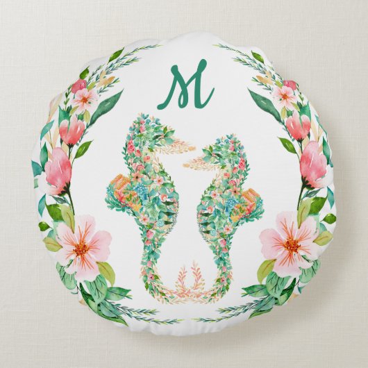 Tropische Bloemen Seahorse Paar Monogram Rond Kussen (Achterkant)
