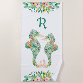Tropische Bloemen Seahorse Paar Monogram Turquoise Strandlaken