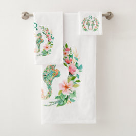 Tropische Bloemen Seahorse Paar Monogrammed Bad Handdoek