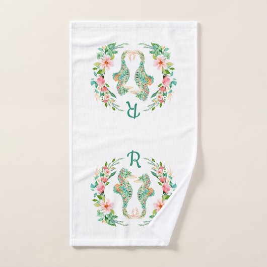 Tropische Bloemen Seahorse Paar Monogrammed Bad Handdoek (Handdoek)