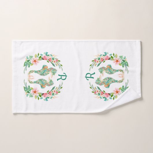 Tropische Bloemen Seahorse Paar Monogrammed Bad Handdoek (Handdoek)