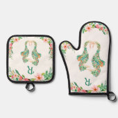 Tropische Bloemen Seahorse Paar Monogrammed Ovenwant & Pannenlap Set (Voorkant)