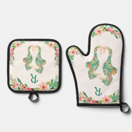 Tropische Bloemen Seahorse Paar Monogrammed Ovenwant & Pannenlap Set