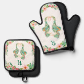 Tropische Bloemen Seahorse Paar Monogrammed Ovenwant & Pannenlap Set (Voorkant / Achterkant)