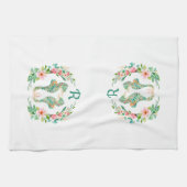 Tropische Bloemen Seahorse Paar Monogrammed Theedoek (Horizontaal)