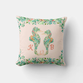 Tropische Bloemen Seahorse Paar Monogrammen Kussen