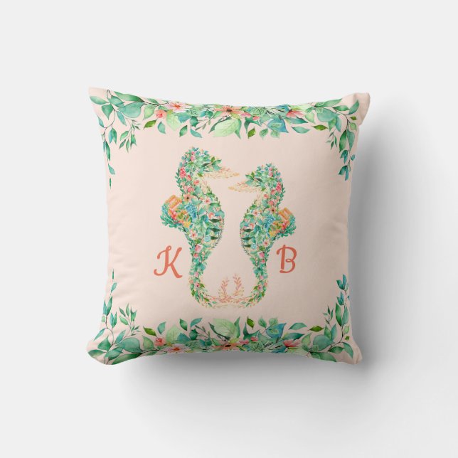 Tropische Bloemen Seahorse Paar Monogrammen Kussen (Voorkant)